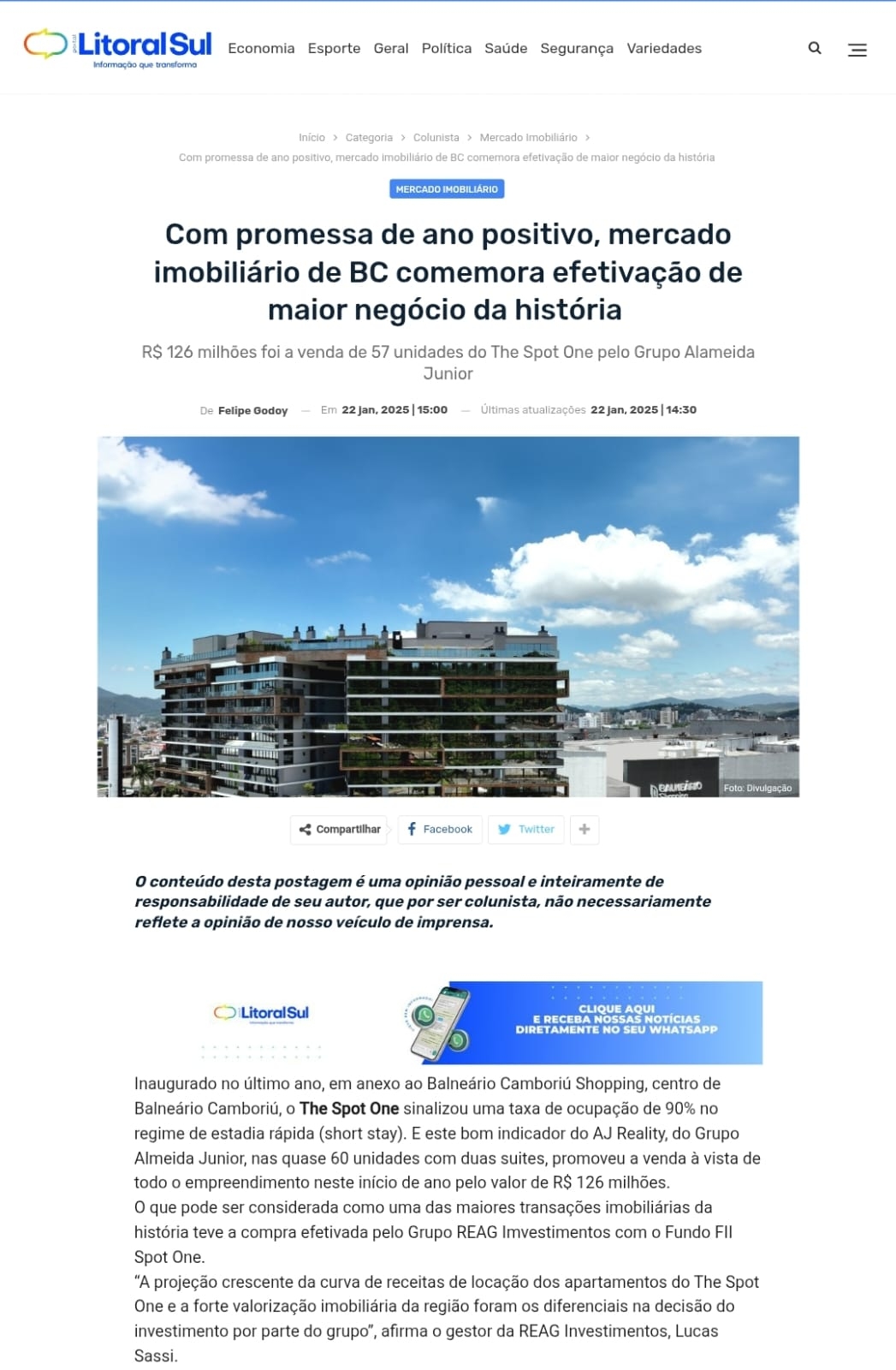 Coluna Felipe Godoy 23.01.2025 - Maior transação imobiliária em BC